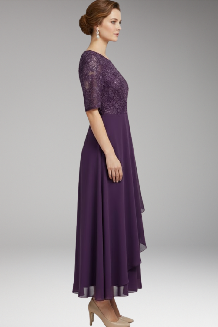Women's Midi Dress with High Waist and Short Sleeves