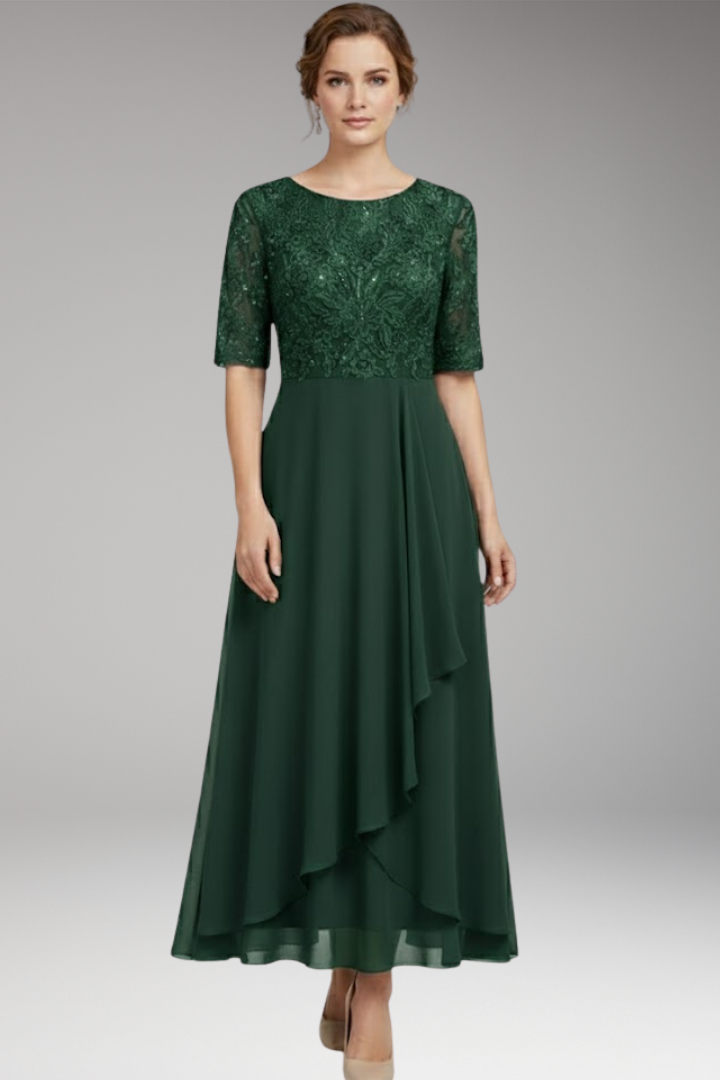 Women's Midi Dress with High Waist and Short Sleeves