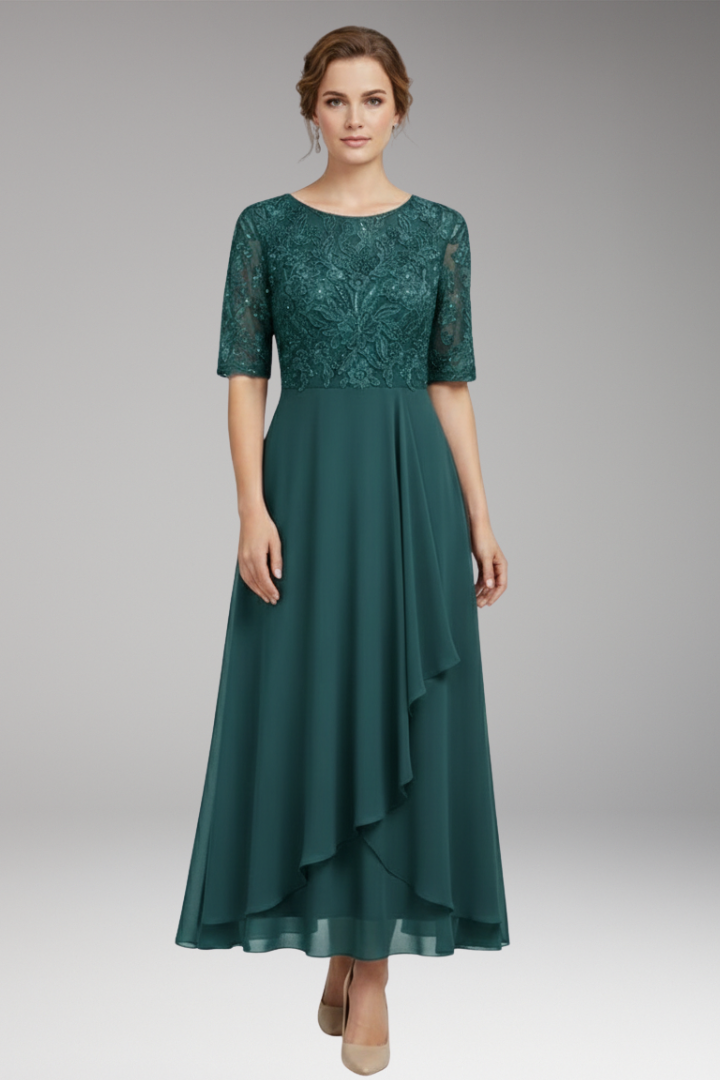 Women's Midi Dress with High Waist and Short Sleeves
