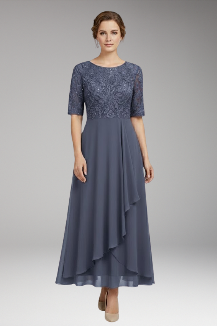 Women's Midi Dress with High Waist and Short Sleeves