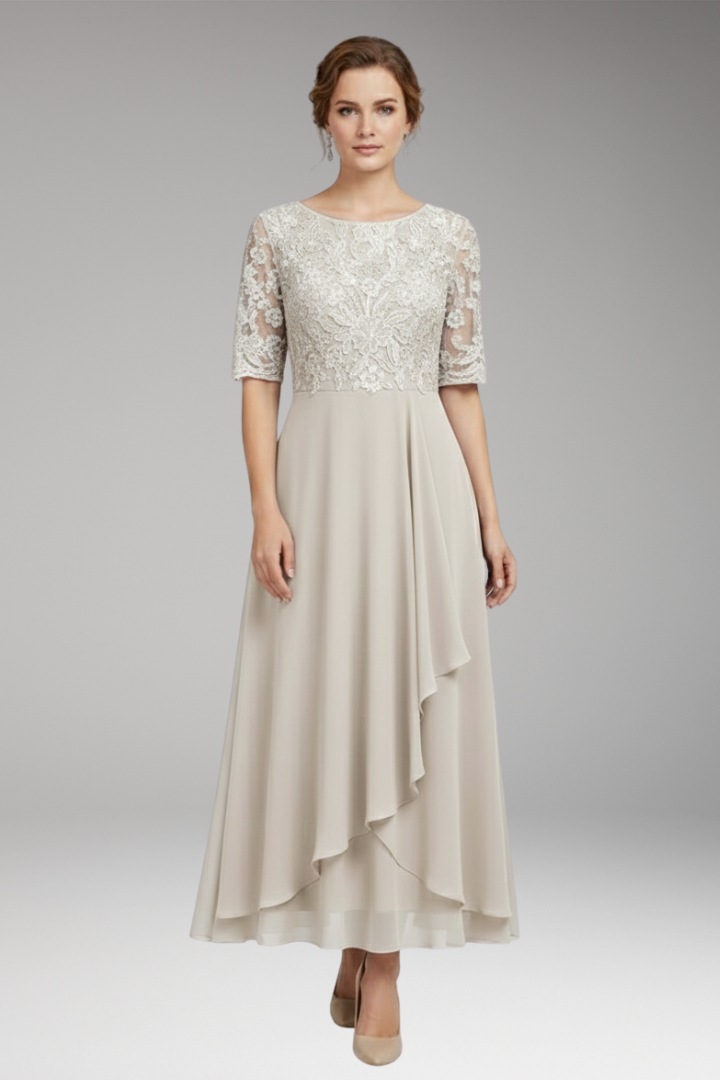 Women's Midi Dress with High Waist and Short Sleeves