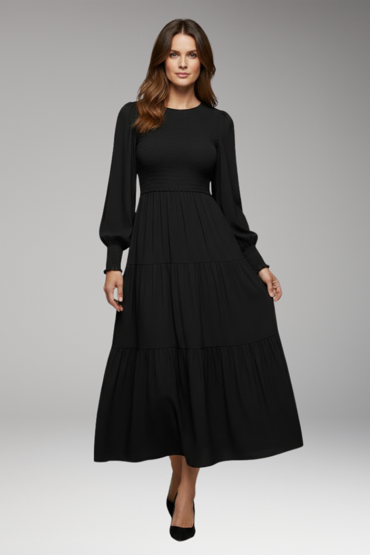 Women's Midi Dress with Long Sleeves and Tiered Design