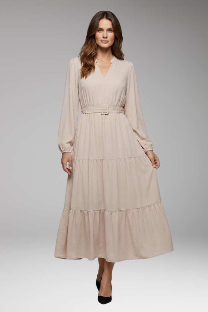 Women's Midi Dress with Long Sleeves and Tiered Design