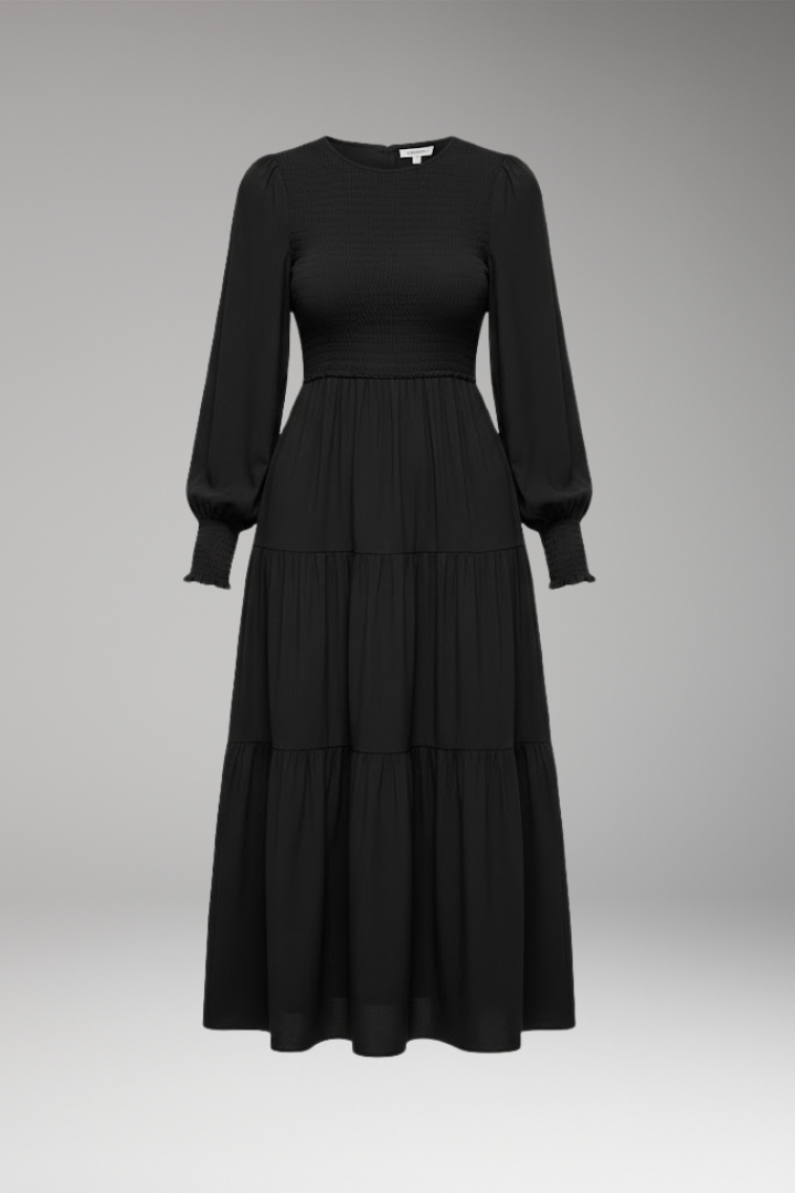 Women's Midi Dress with Long Sleeves and Tiered Design