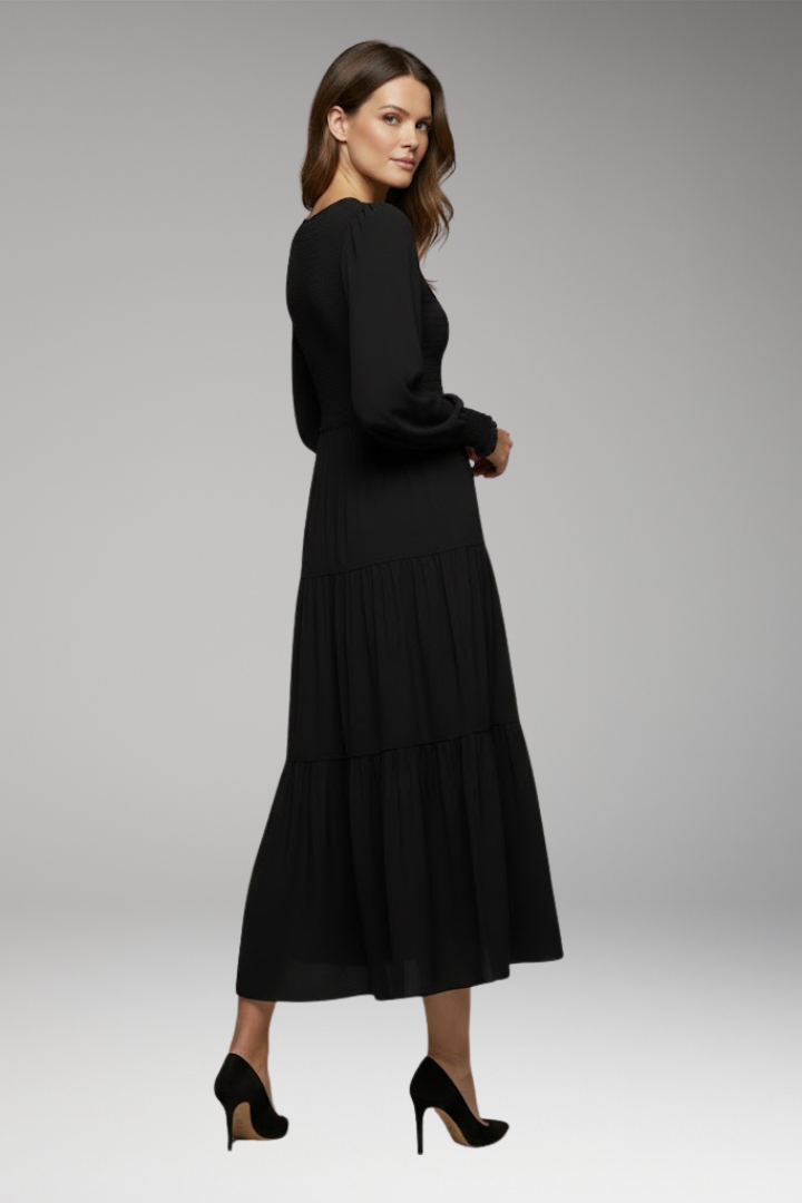 Women's Midi Dress with Long Sleeves and Tiered Design