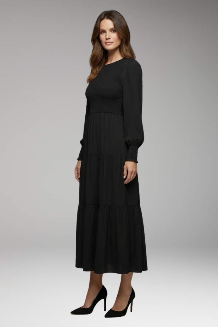 Women's Midi Dress with Long Sleeves and Tiered Design