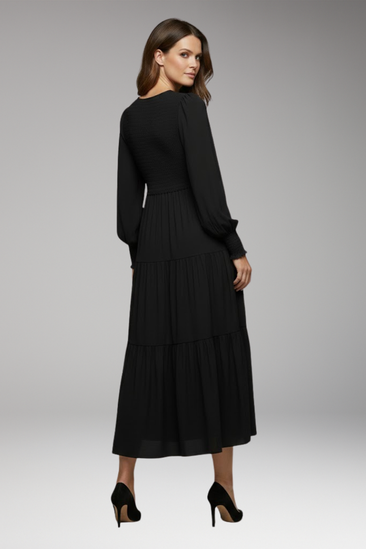 Women's Midi Dress with Long Sleeves and Tiered Design