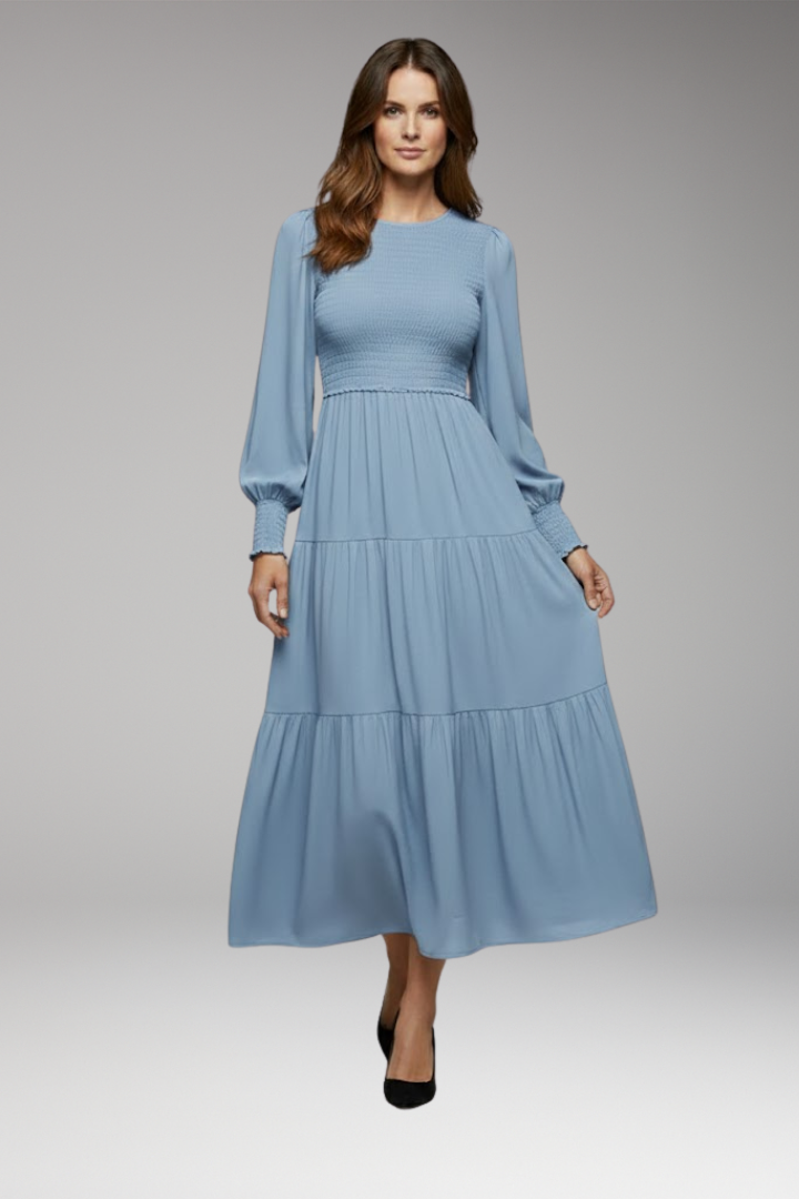 Women's Midi Dress with Long Sleeves and Tiered Design