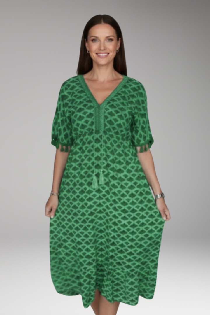 Women's Midi Dress with Short Sleeves and Printed Surface