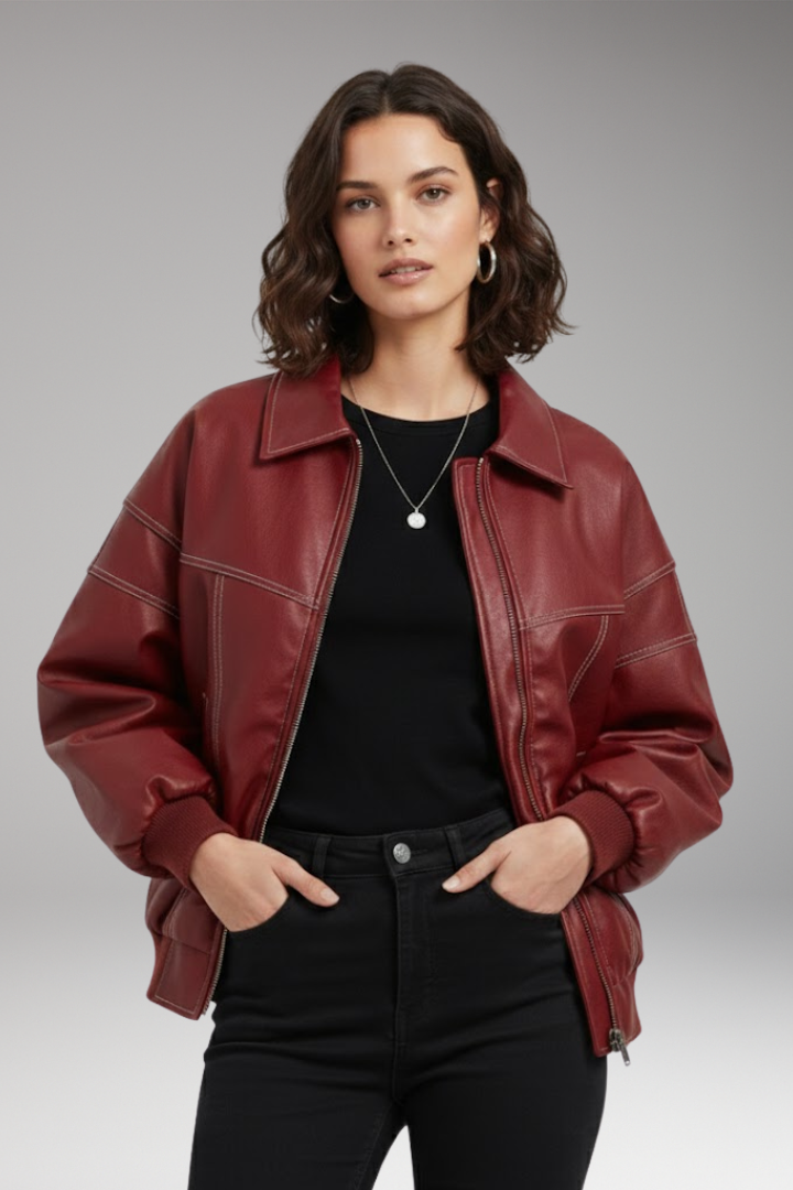 Women’s Padded Bomber Jacket with Zipper and Ribbed Edges