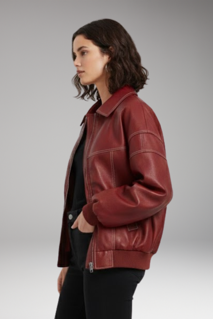 Women’s Padded Bomber Jacket with Zipper and Ribbed Edges