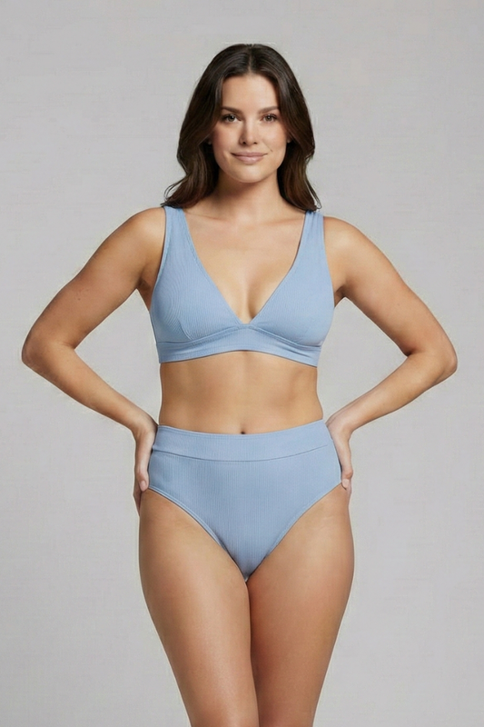 Women’s Ribbed Bikini Set with V-Neck and High-Waisted Bottoms