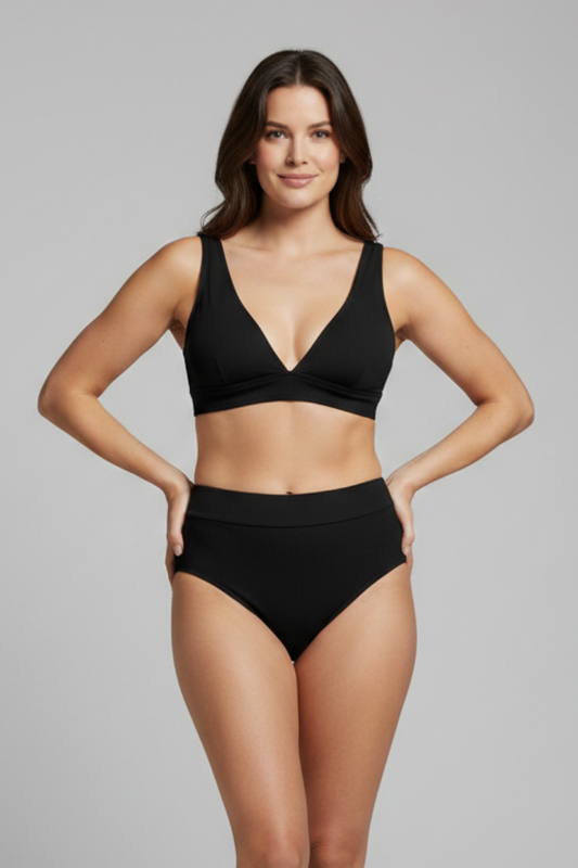Women’s Ribbed Bikini Set with V-Neck and High-Waisted Bottoms