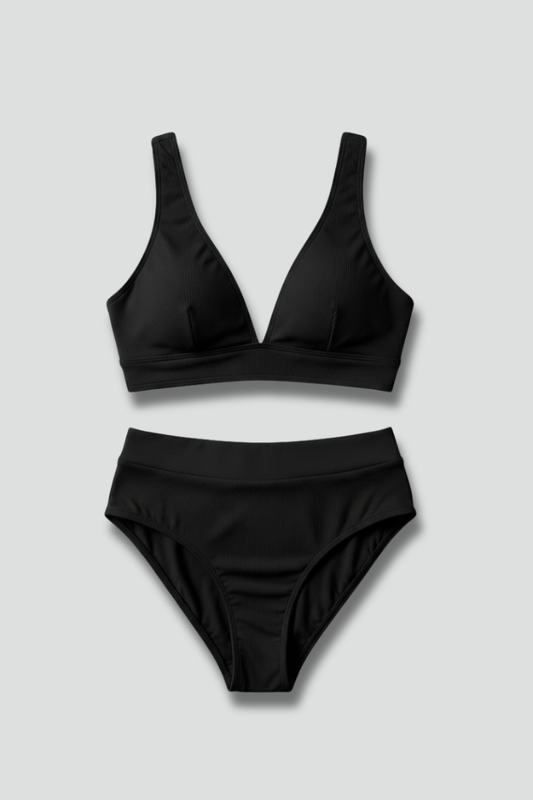 Women’s Ribbed Bikini Set with V-Neck and High-Waisted Bottoms