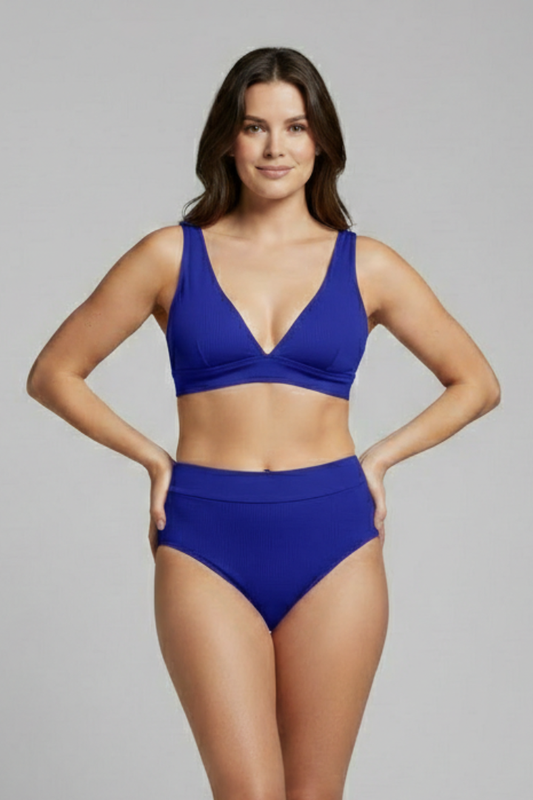 Women’s Ribbed Bikini Set with V-Neck and High-Waisted Bottoms