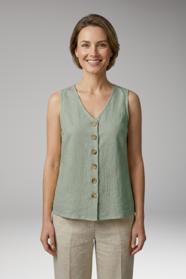 Women's Sleeveless Blouse with V Neck and Button Front