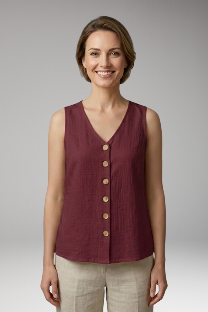 Women's Sleeveless Blouse with V Neck and Button Front