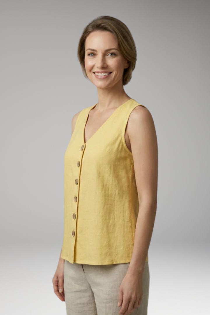 Women's Sleeveless Blouse with V Neck and Button Front