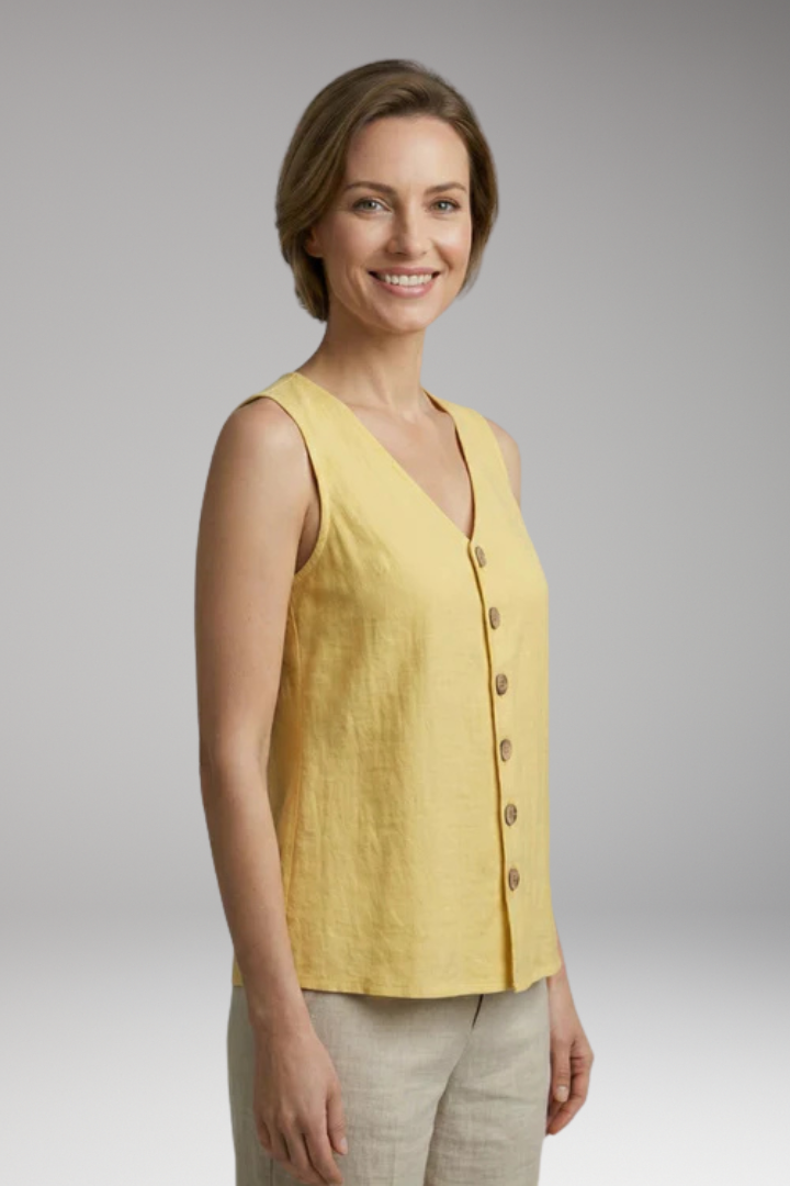 Women's Sleeveless Blouse with V Neck and Button Front