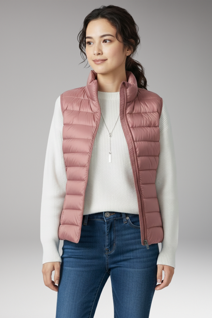 Women’s Sleeveless Jacket with Stand-Up Collar and Quilted Design