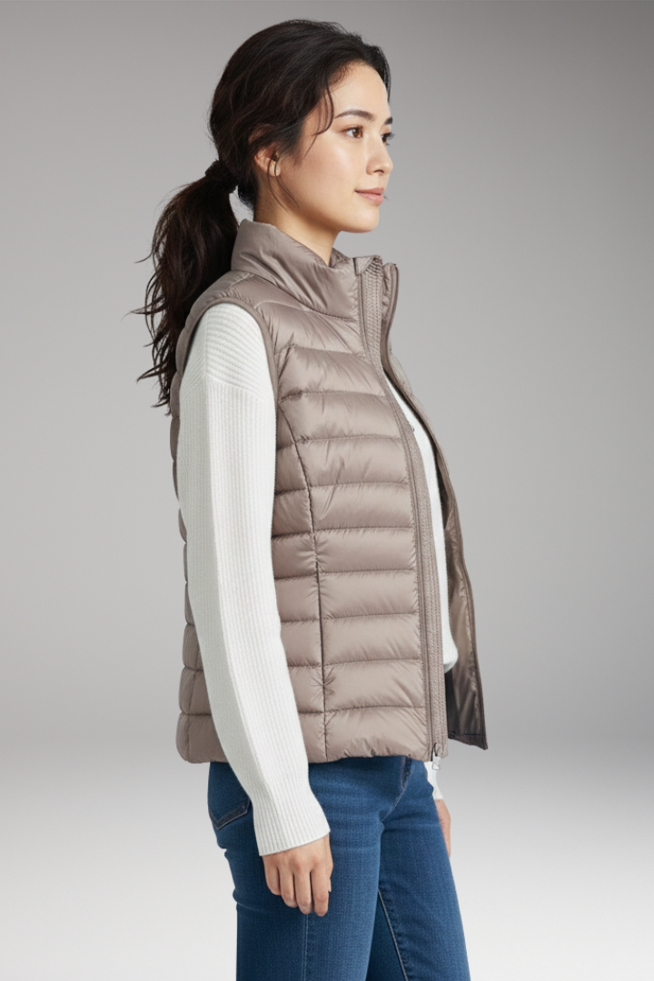 Women’s Sleeveless Jacket with Stand-Up Collar and Quilted Design