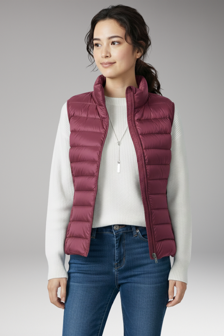 Women’s Sleeveless Jacket with Stand-Up Collar and Quilted Design