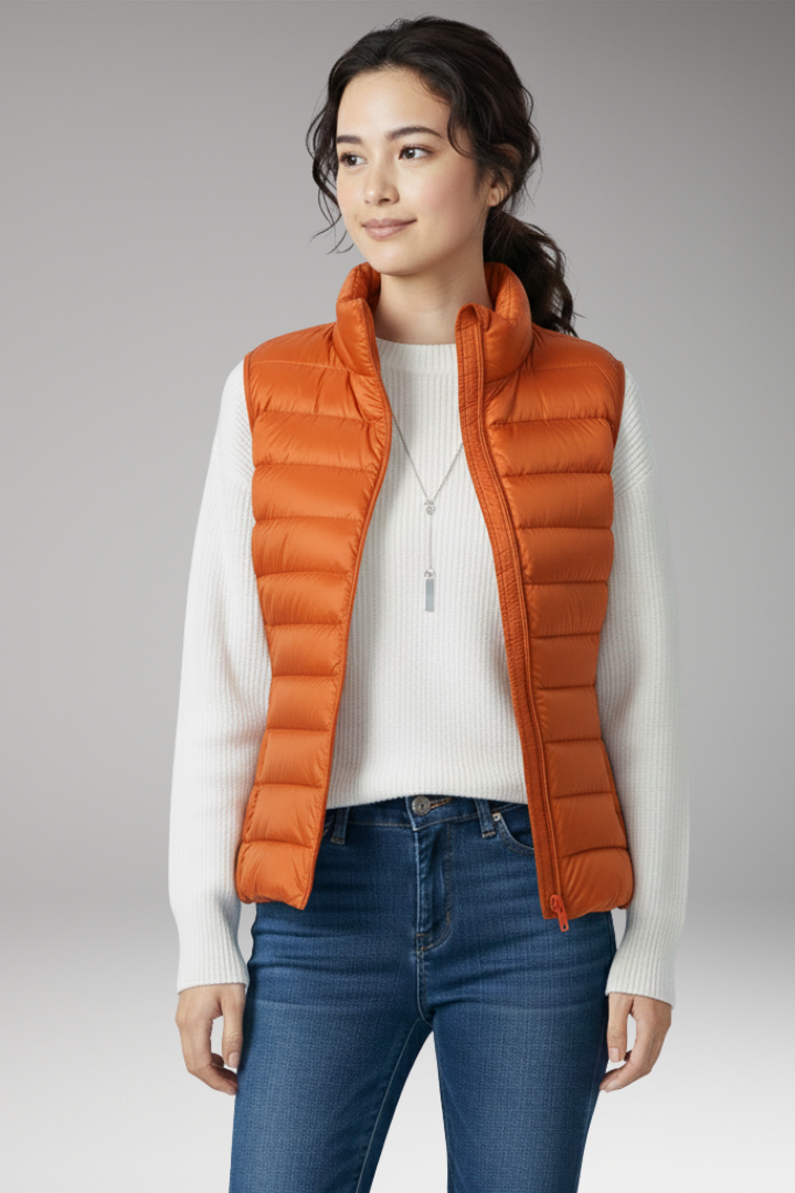 Women’s Sleeveless Jacket with Stand-Up Collar and Quilted Design