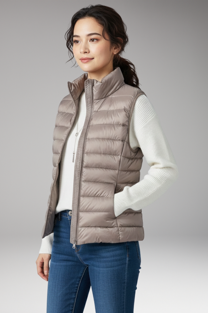 Women’s Sleeveless Jacket with Stand-Up Collar and Quilted Design