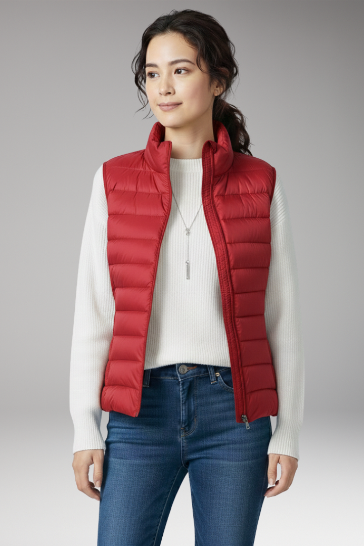 Women’s Sleeveless Jacket with Stand-Up Collar and Quilted Design
