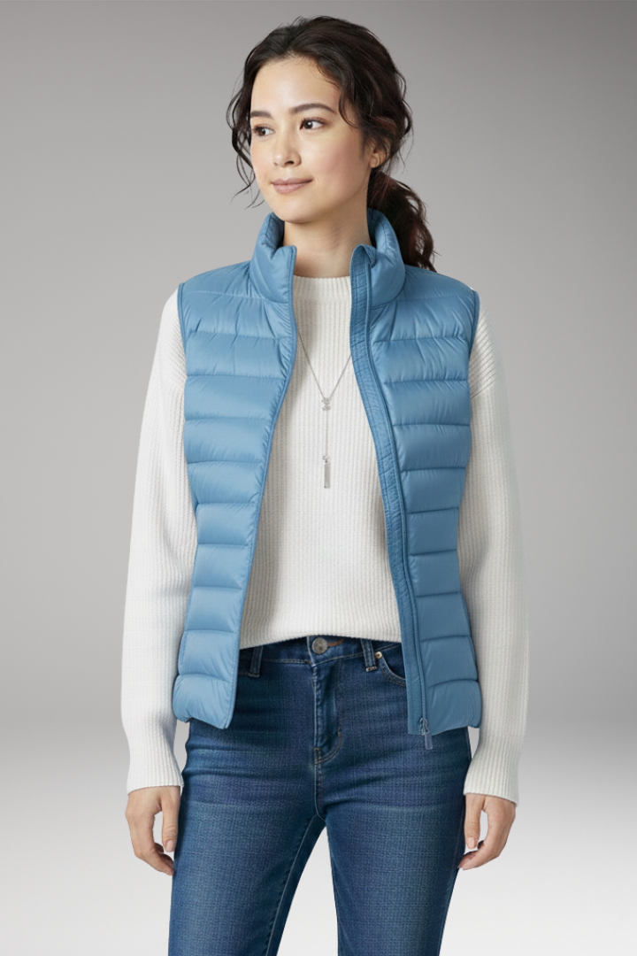 Women’s Sleeveless Jacket with Stand-Up Collar and Quilted Design