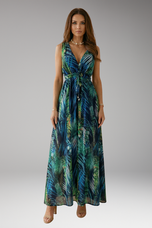 Women's Sleeveless Maxi Dress with Tropical Print and V-Neck