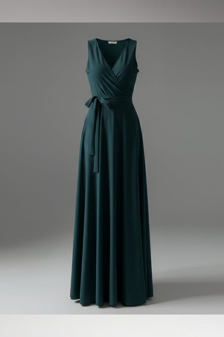 Women's Solid Colour V-Neck Long Dress with Elegant Silhouette