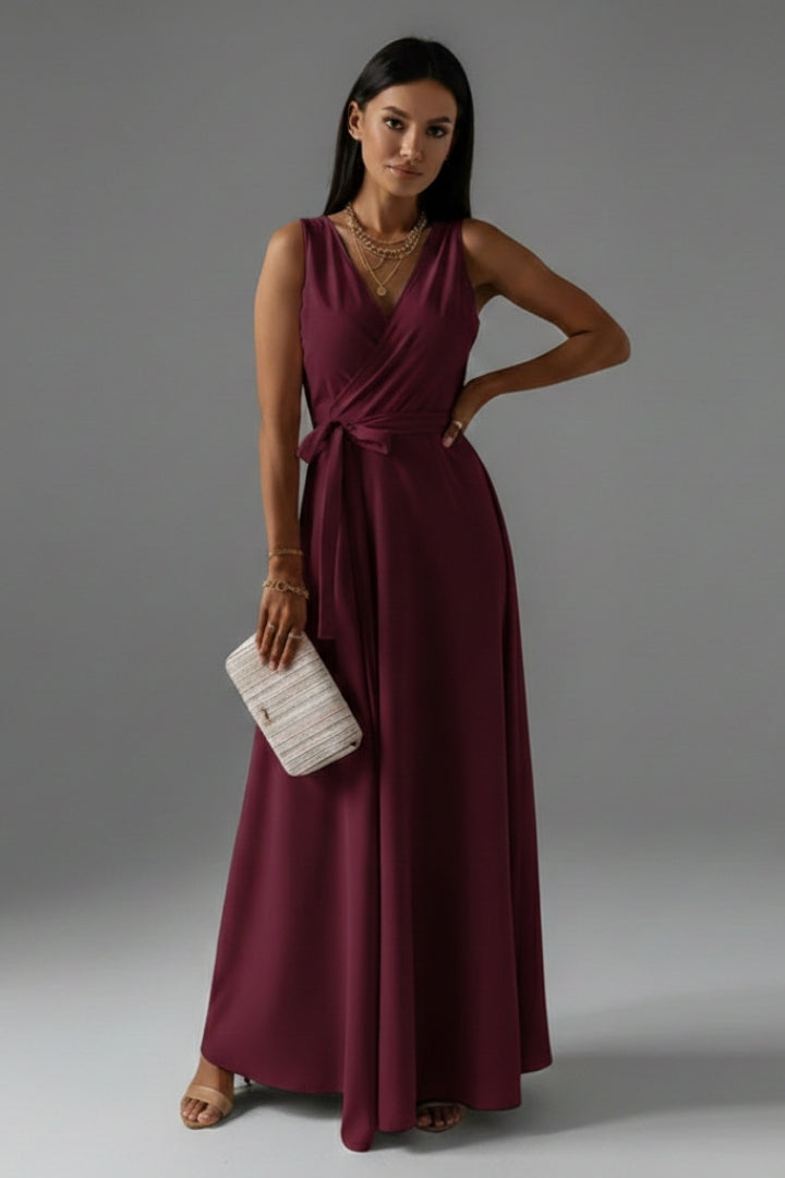 Women's Solid Colour V-Neck Long Dress with Elegant Silhouette