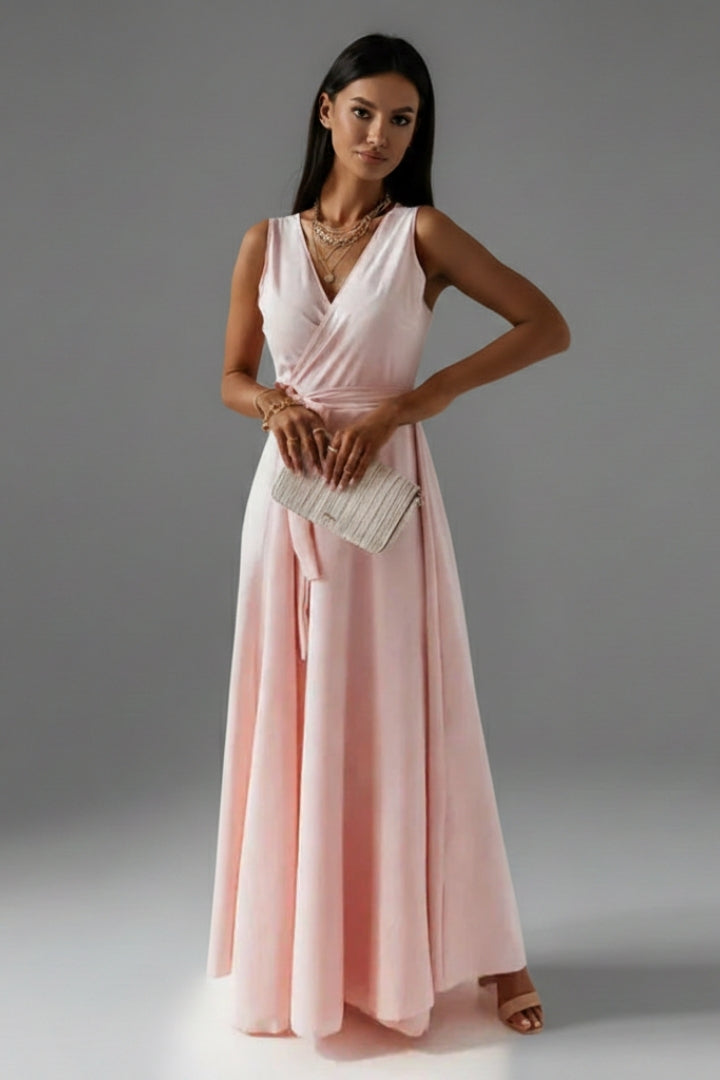 Women's Solid Colour V-Neck Long Dress with Elegant Silhouette