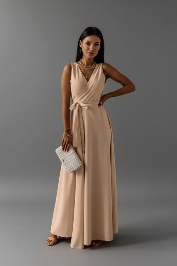Women's Solid Colour V-Neck Long Dress with Elegant Silhouette