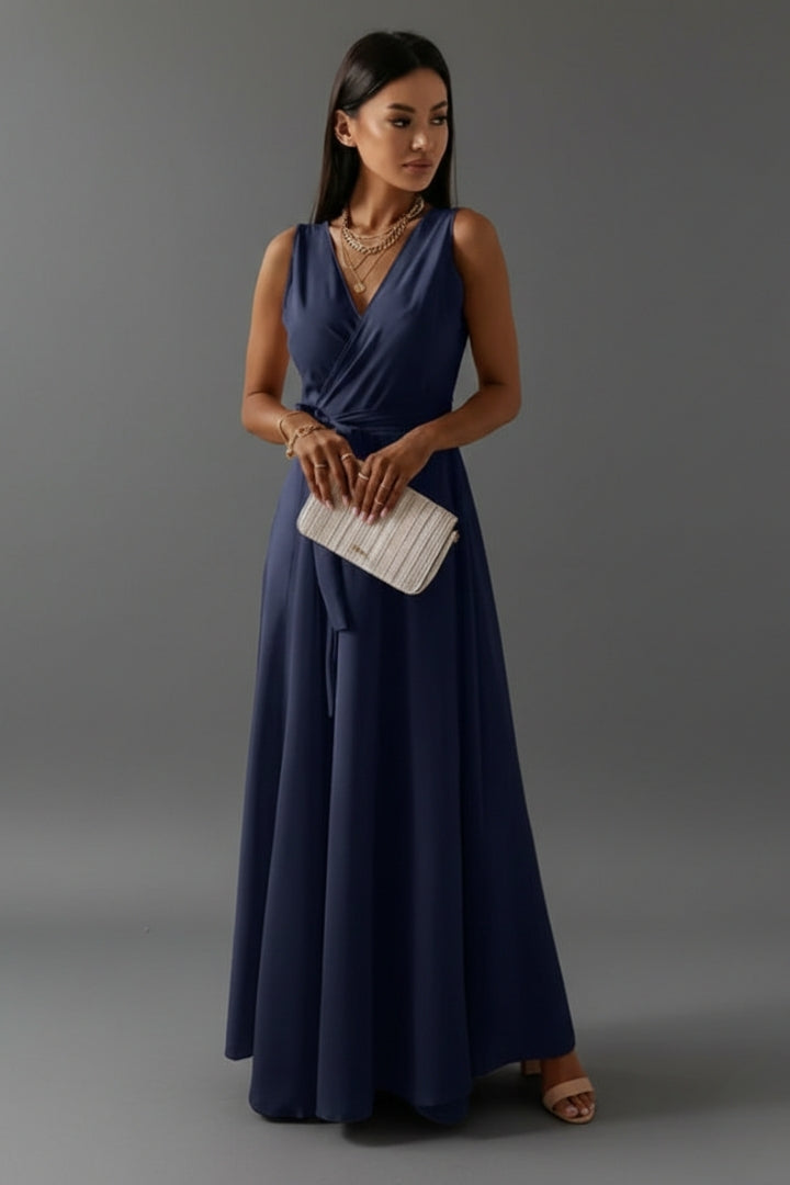 Women's Solid Colour V-Neck Long Dress with Elegant Silhouette