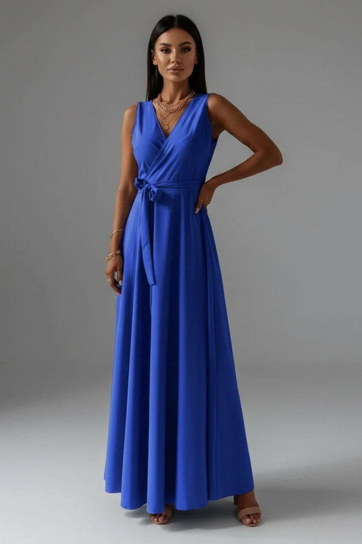 Women's Solid Colour V-Neck Long Dress with Elegant Silhouette