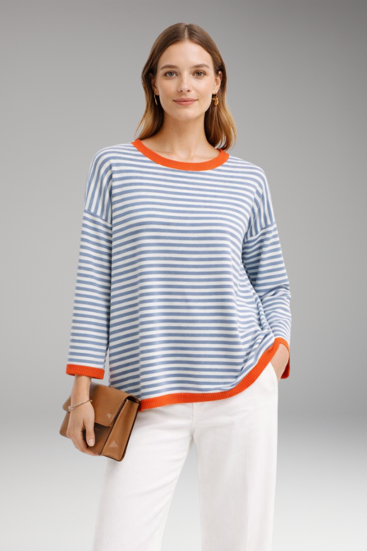 Women’s Striped Top with Contrasting Trim and Long Sleeves