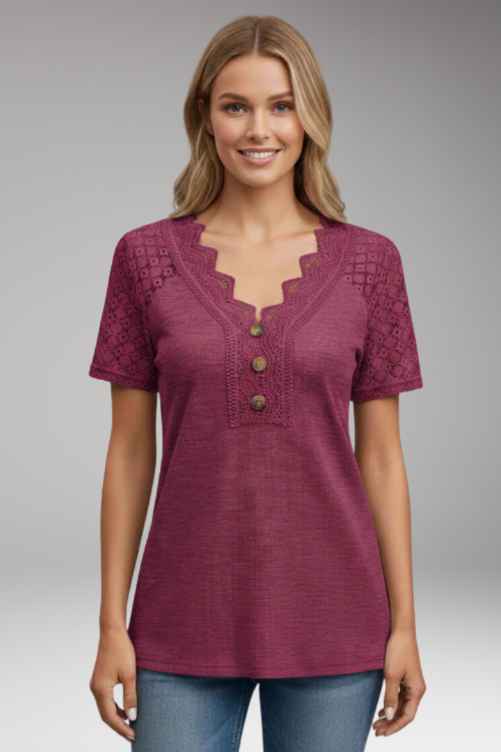 Women's T‑Shirt with Crochet Sleeves and Button Front