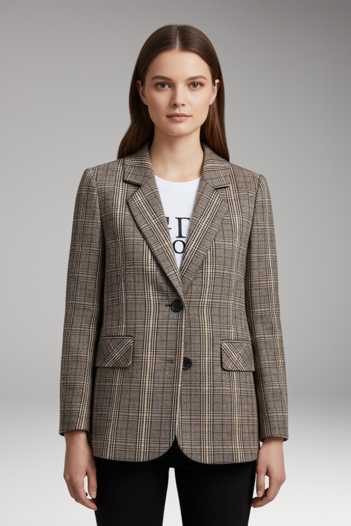 Women’s Blazer with Notched Collar and Plaid Pattern