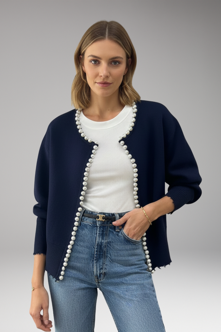 Women’s Cardigan with Pearl Trim and Raw Hem