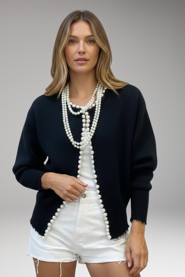Women’s Cardigan with Pearl Trim and Raw Hem