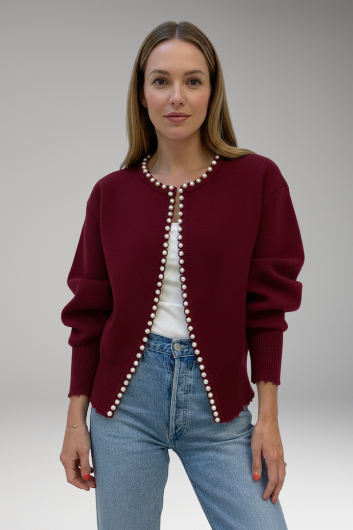 Women’s Cardigan with Pearl Trim and Raw Hem
