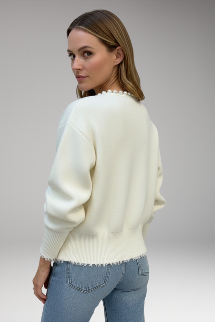 Women’s Cardigan with Pearl Trim and Raw Hem
