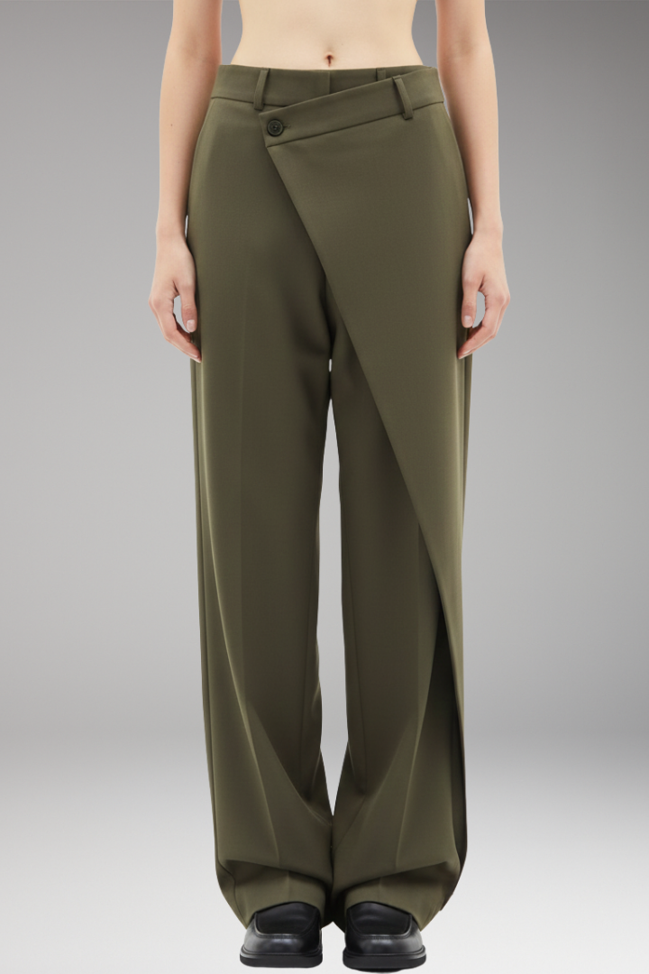 Women's Dress Trousers with Asymmetrical Layer and Wide Legs