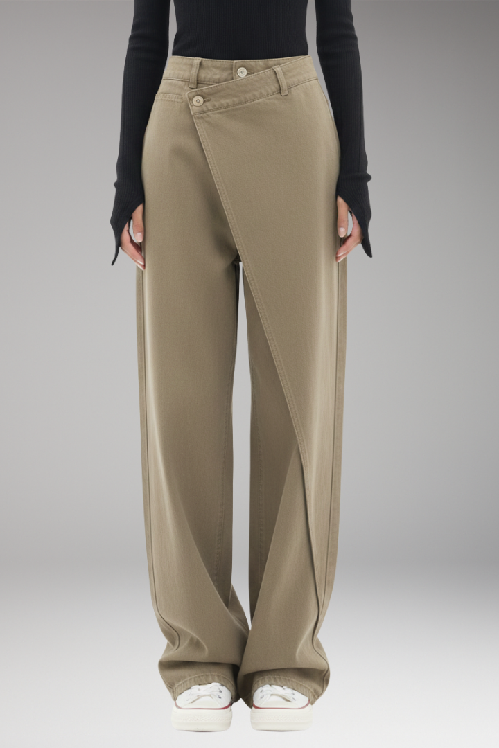 Women's Dress Trousers with Asymmetrical Layer and Wide Legs