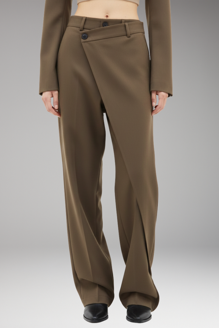 Women's Dress Trousers with Asymmetrical Layer and Wide Legs