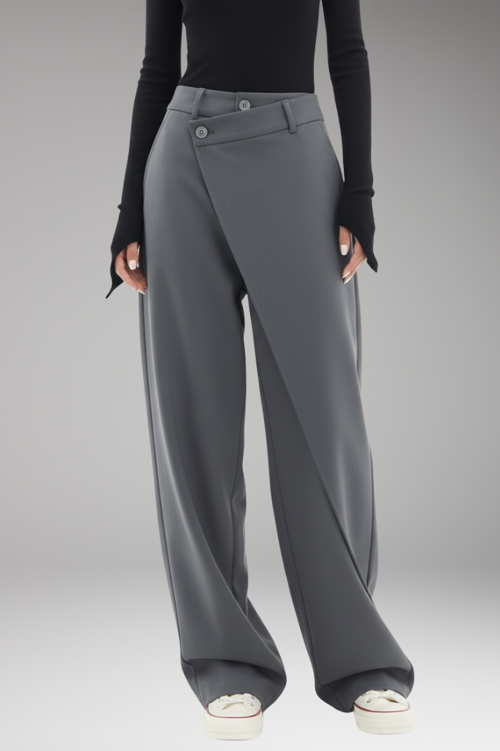 Women's Dress Trousers with Asymmetrical Layer and Wide Legs