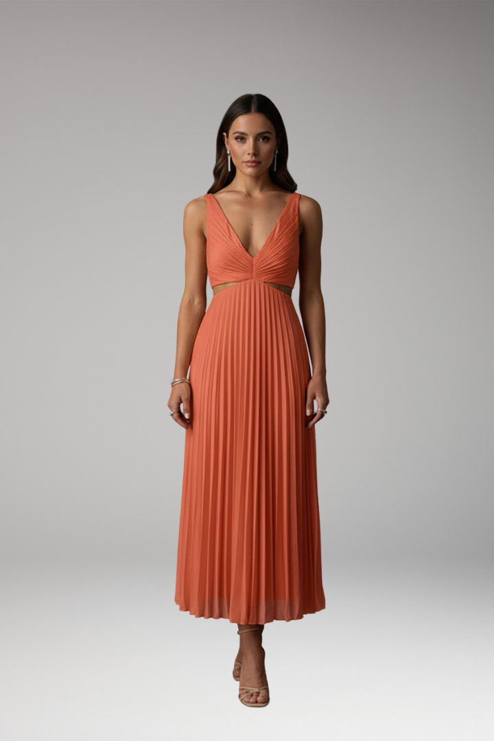 Women’s Dress with V-Neckline and Pleated Skirt