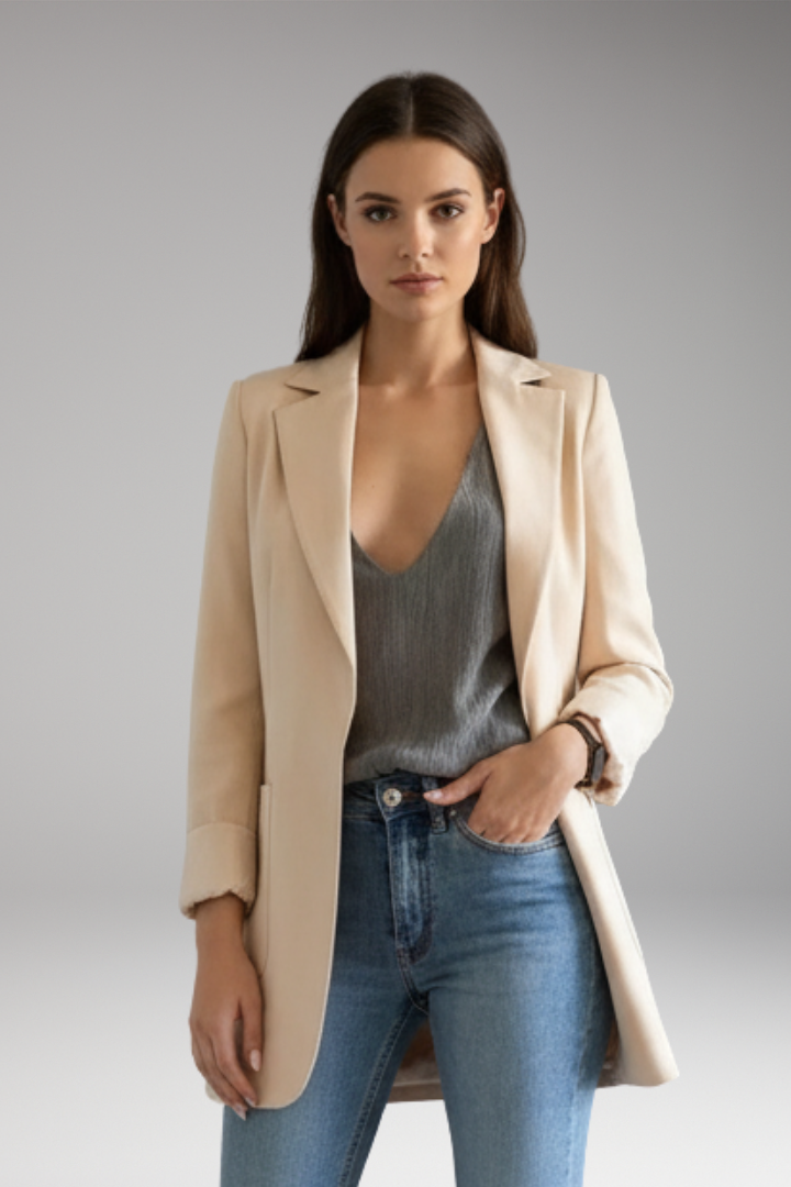 Women’s Long Blazer with Open Front and Patch Pocket
